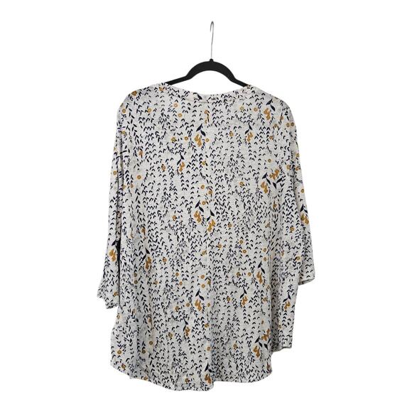 Rachel Zoe Womens 1X Top Blouse 100% Linen V-Neck 3/4 Sleeve Floral White Blue - Picture 2 of 6
